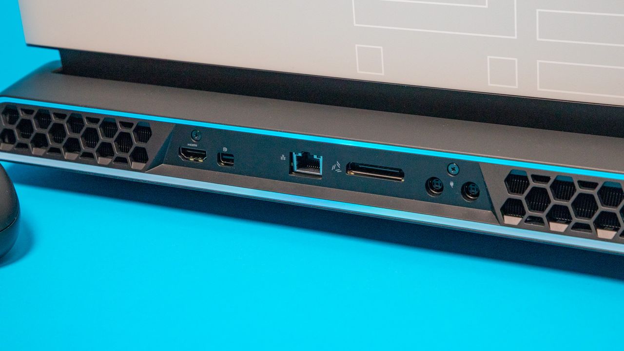 Mini DisplayPort, HDMI, Ethernet, an Alienware Graphics Amplifier and power inputs in the back of the Alienware Area-51m.