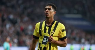 New Real Madrid signing Jude Bellingham of Borussia Dortmund celebrates after scoring their side's second goal during the Bundesliga match between Eintracht Frankfurt and Borussia Dortmund at Deutsche Bank Park on October 29, 2022 in Frankfurt am Main, Germany.