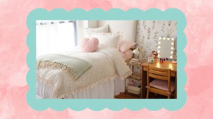 small pink bedroom from dormify with a bed, nightstand and small vanity