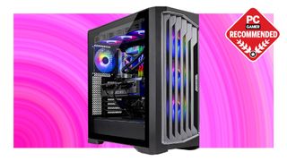 Skytech Legacy gaming PC on a pink background with PC Gamer Recommended label on top