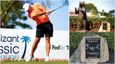 Brooks Koepka hitting a drive at the 2026 Cognizant Classic with pictures of the Bear Trap finish at PGA National