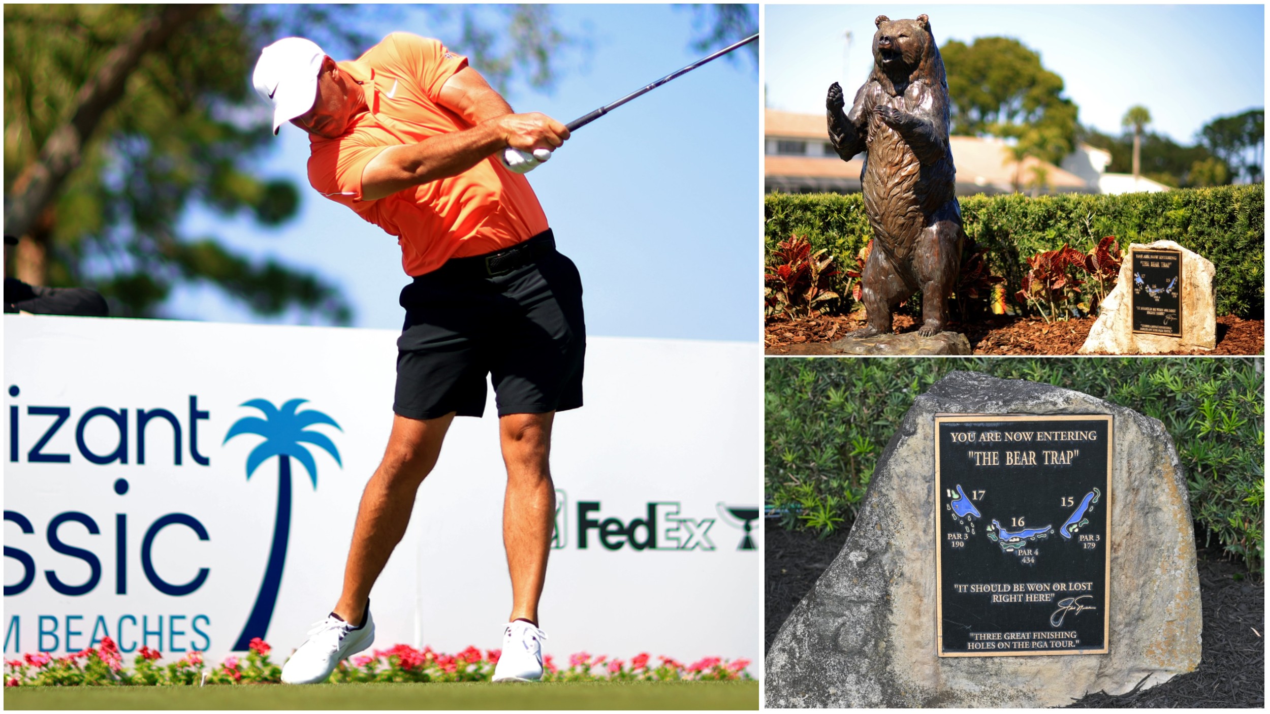 Brooks Koepka hitting a drive at the 2026 Cognizant Classic with pictures of the Bear Trap finish at PGA National