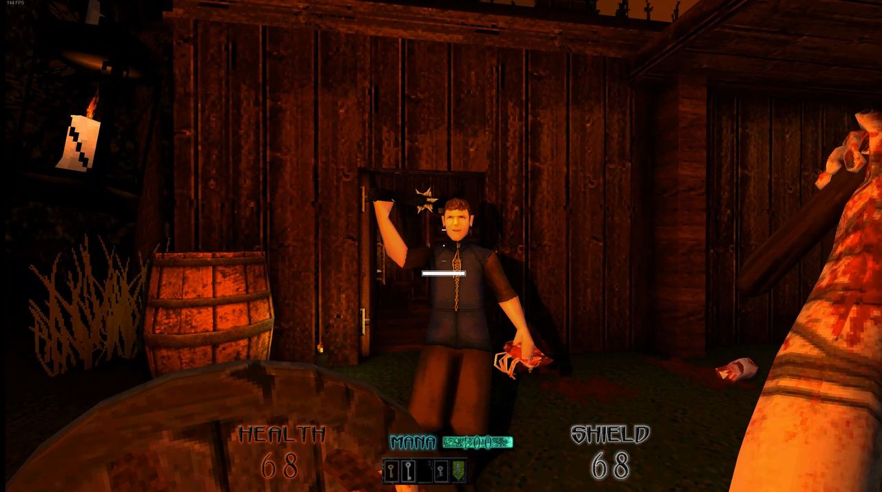 view of first person combat with assailant and raised axe
