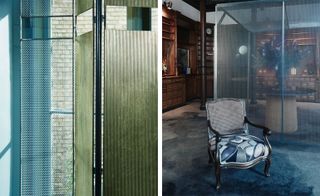 The photo to the left shows a privacy screen in olive green and a see-through mesh part. The photo to the right shows a classic armchair in blue tones.