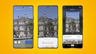 New Google Lens features displayed on three phone screens