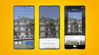 Les nouvelles fonctionnalités de Google Lens s'affichent sur trois écrans de téléphone