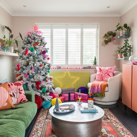 Christmas living room with Christmas tree and coffee table