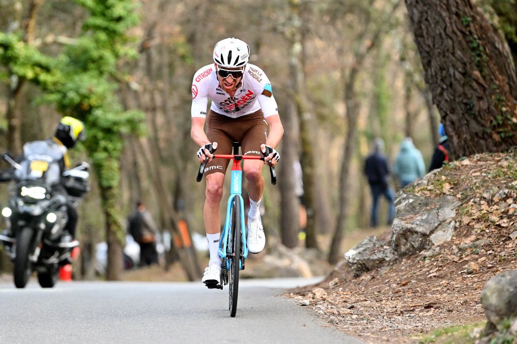 VENCE FRANCE FEBRUARY 19 Aurlien ParetPeintre of France and AG2R Citron Team compete in the breakaway during the 55th Tour Des Alpes Maritimes Et Du Var 2023 Stage 3 a 1318km stage from VillefranchesurMer to Vence tour0683 on February 19 2023 in Vence France Photo by Luc ClaessenGetty Images