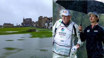 St Andrews Old Course and a golfer walk with an umbrella up
