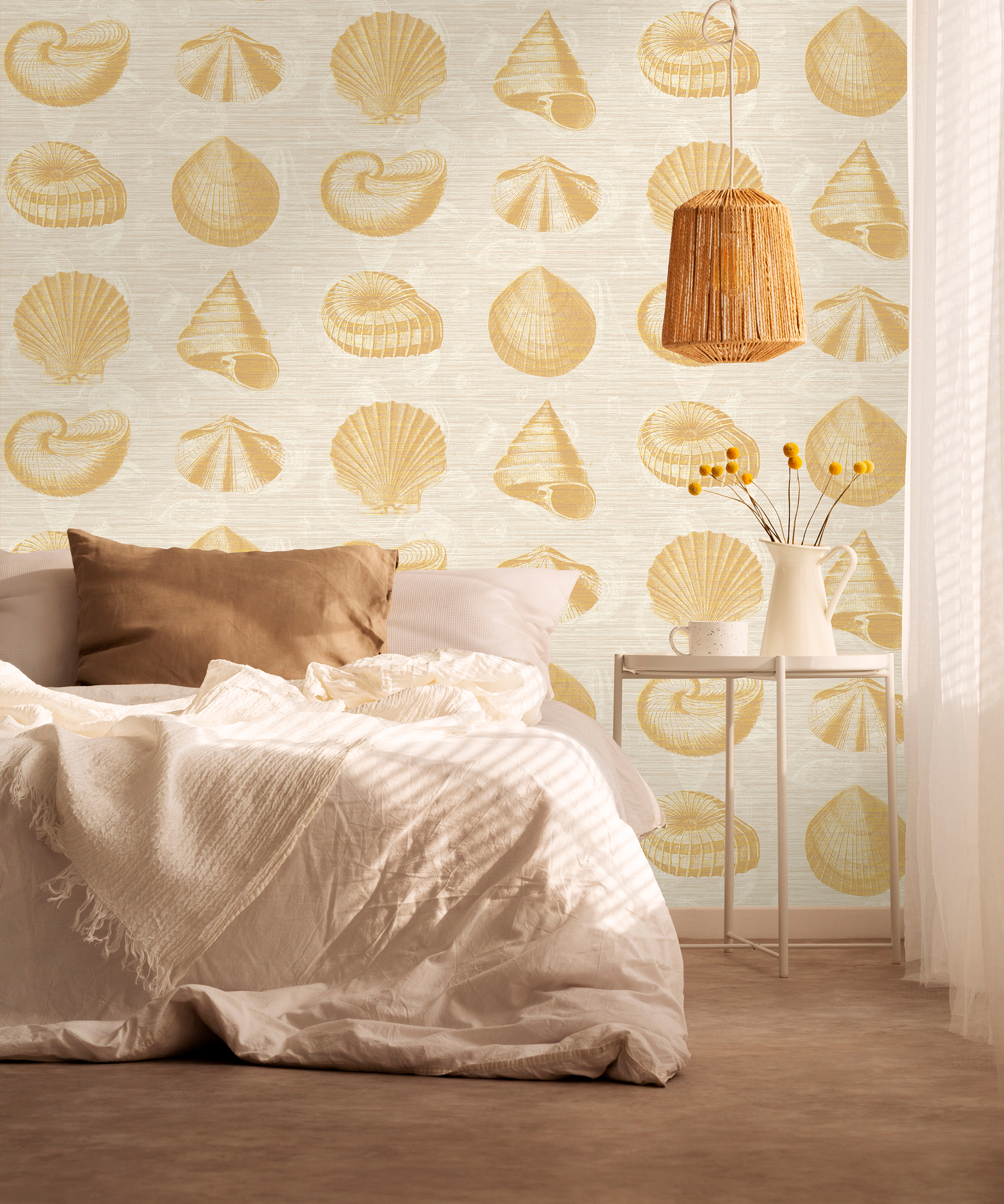 Yellow seashell printed wallpaper design in bedroom by Elizabeth Ockford