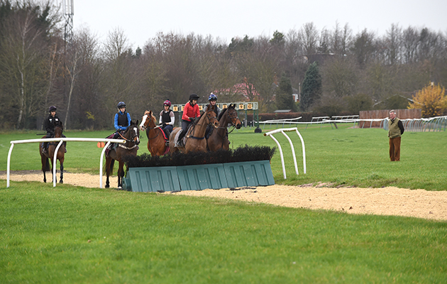 Yogi Bresner providing the training on Point-to-Point riding on the training hurdles at the British Racing School in Newmarket in Suffolk, UK on the 3rd December 2015