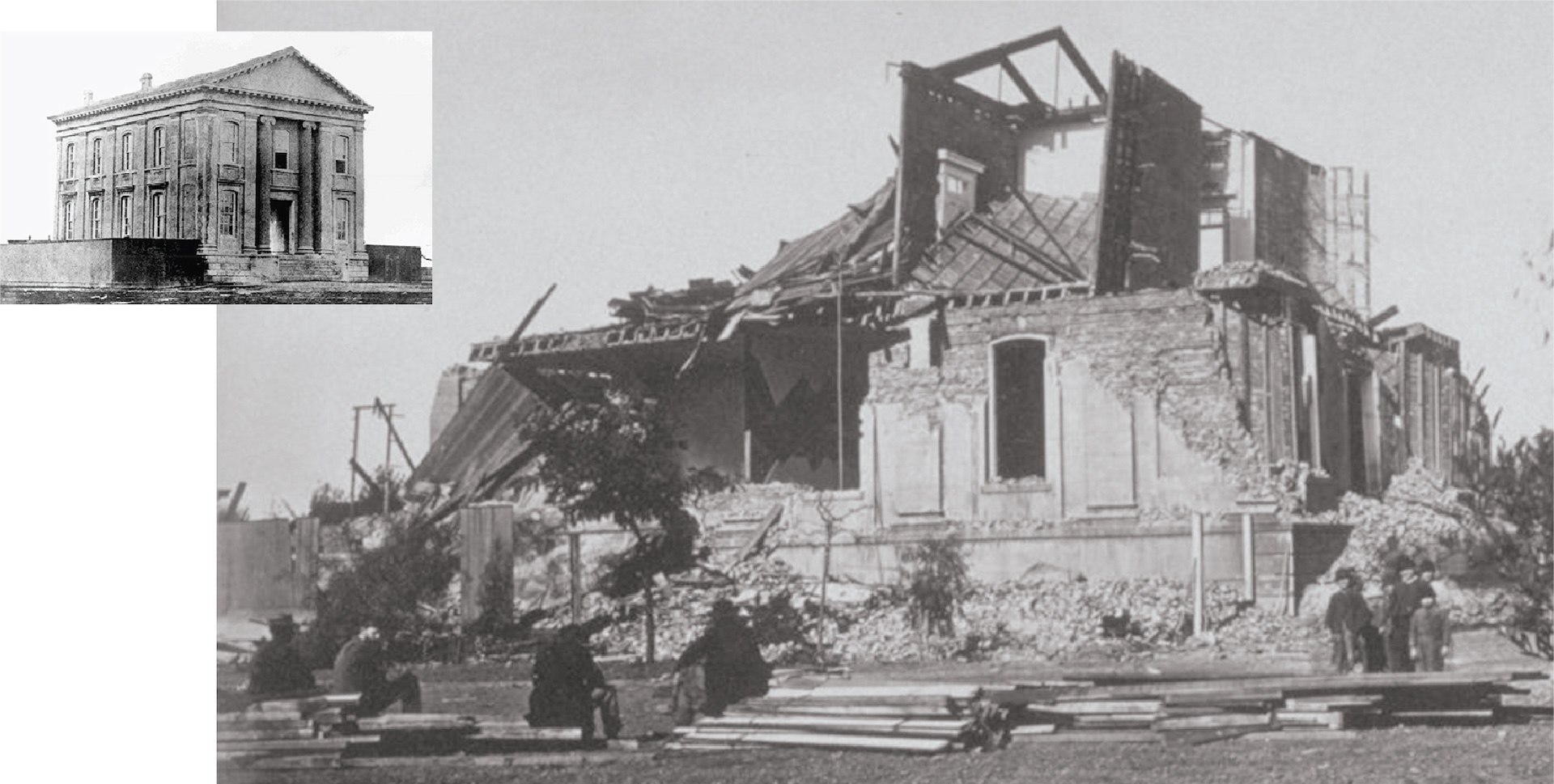 A black-and-white image of a partially crumbled courthouse. An inset shows the courthouse in its original shape as a rectangular building with two floors and a symmetrical triangular roof.