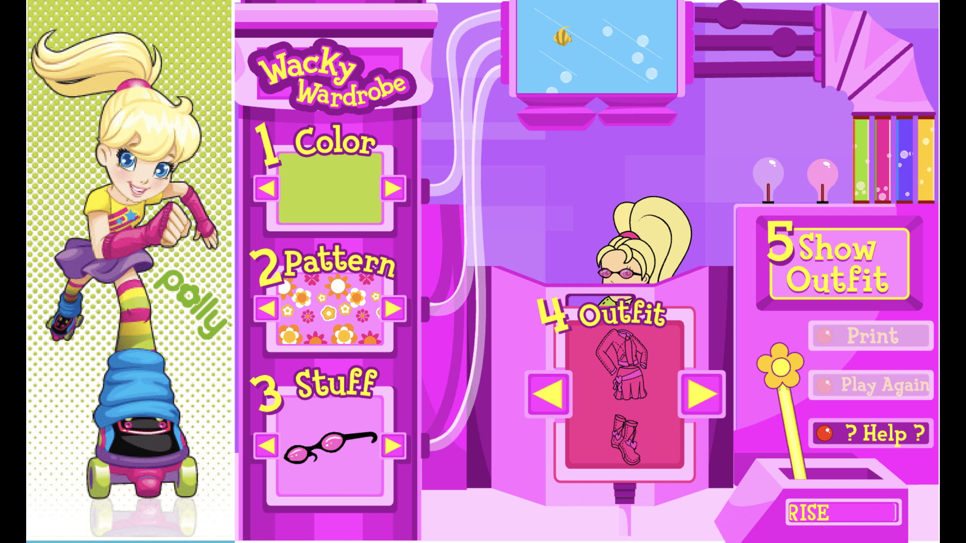 A character customization screen from an old Polly Pocket browser game.