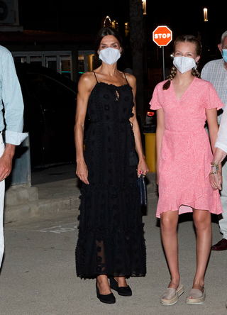 King Felipe VI of Spain, Queen Letizia of Spain, Crown Princess Leonor of Spain, Princess Sofia of Spain, Queen Sofia and Princess Irene of Greece leave the Ola de Mar restaurant on August 07, 2021 in Palma de Mallorca, Spain