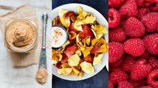 L-R: nut butter; vegetable crips; raspberries