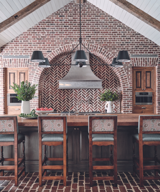 kitchen with stone tiled walls