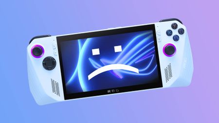 Asus ROG Ally handheld gaming PC with sad text face on pink and blue backdrop