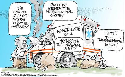 Political cartoon U.S. GOP health care bill vote delay