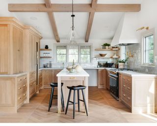 Wood kitchen with clear glass pendant lamps over the island
