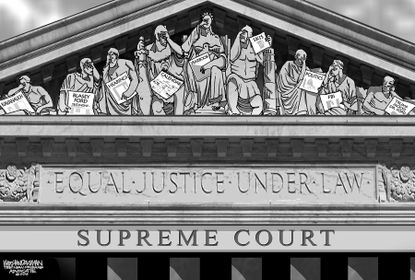 Political cartoon U.S. Supreme Court equal justice Brett Kavanaugh hearings Christine Blasey Ford Trump