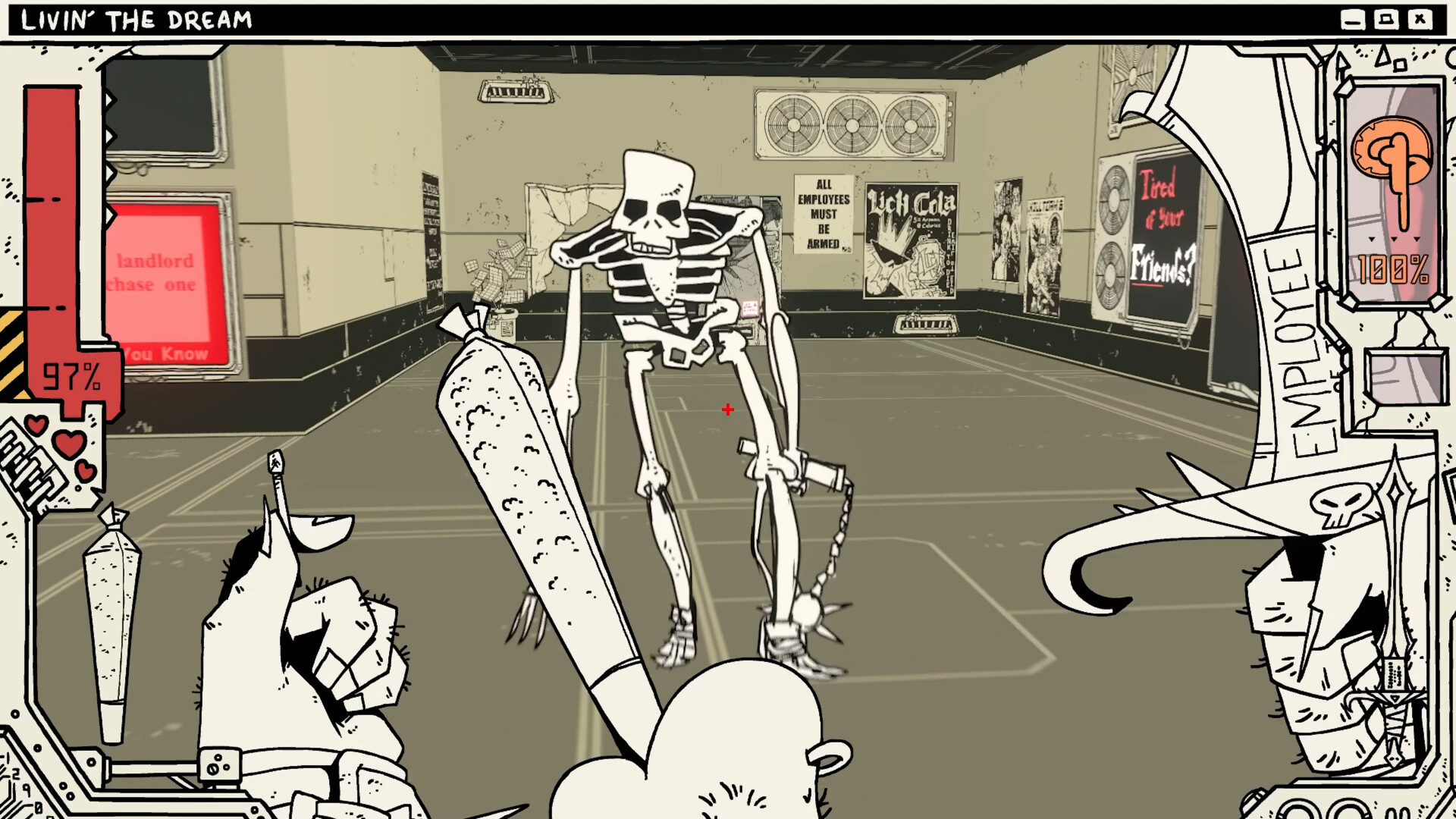 Cyberlich gameplay facing down skeleton enemy while smoking blunt holding sword