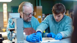 (L-R) Brian Cox as Tommy Tilden and Emile Hirsch as Austin Tilden in "The Autopsy of Jane Doe"