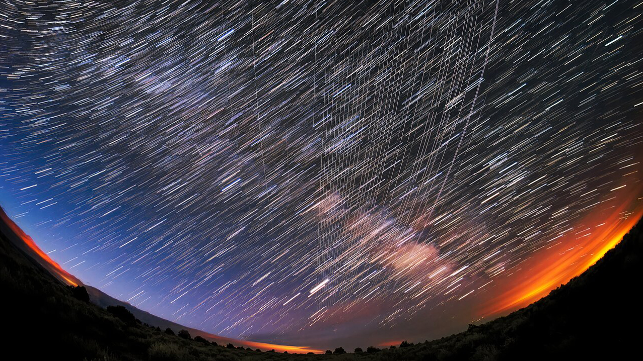 Starlink Satellites pass overhead near Carson National Forest, New Mexico, photographed soon after launch.