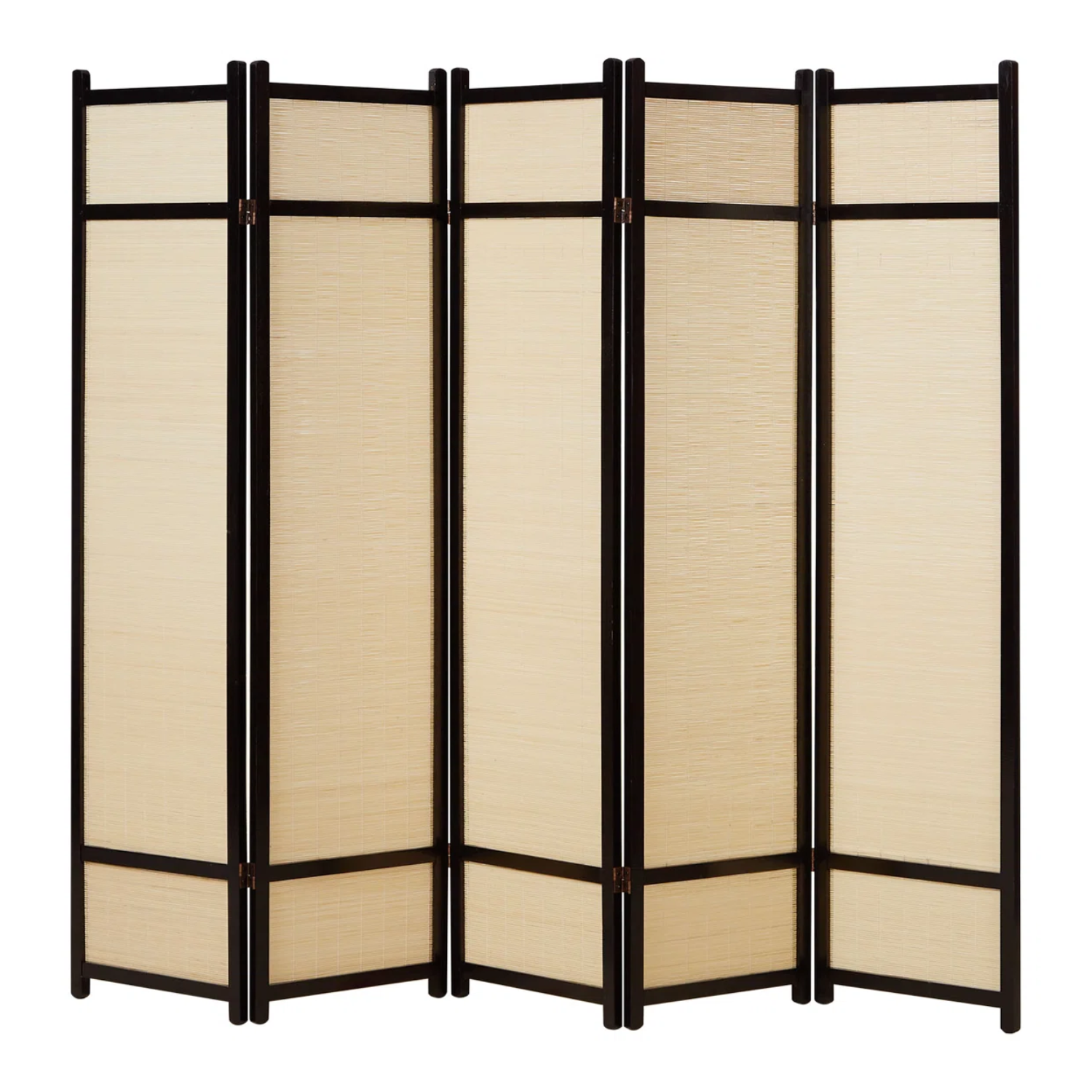 A bamboo room divider with black frames