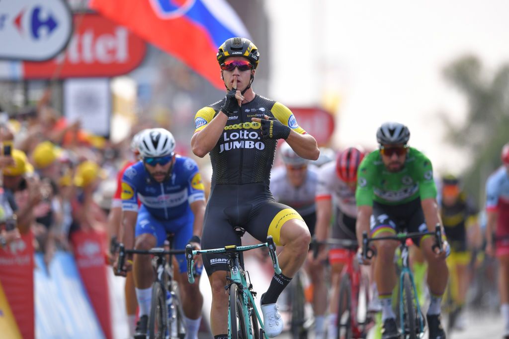 CHARTRES, FRANCE - JULY 13: Arrival / Dylan Groenewegen of The Netherlands and Team LottoNL - Jumbo Celebration / Fernando Gaviria of Colombia and Team Quick-Step Floors / Peter Sagan of Slovakia and Team Bora Hansgrohe Green Sprint Jersey / during the 105th Tour de France 2018, Stage 7 a 231km stage from Fougeres to Chartres / TDF / on July 13, 2018 in Chartres, France. (Photo by Tim de Waele/Getty Images)