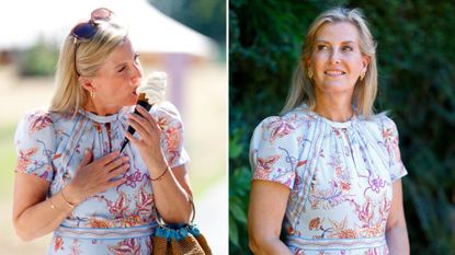 A composite of two pictures of Duchess Sophie at the RHS Hampton Court Garden Festival 2025, one of her eating an ice cream and another of her standing and smiling 