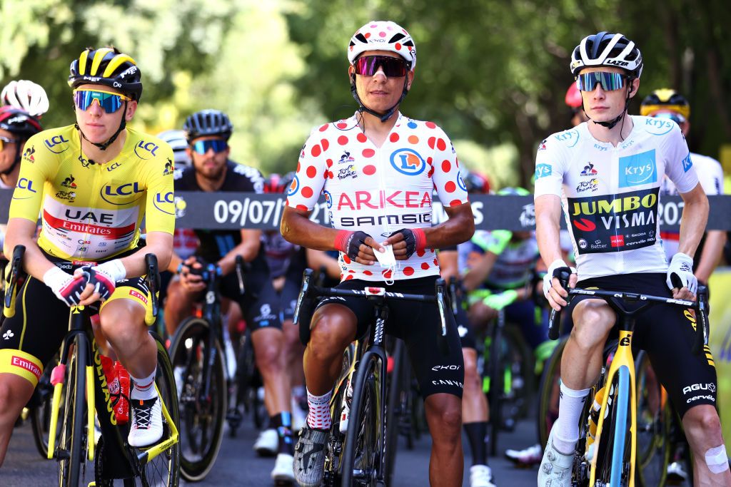 CARCASSONNE FRANCE JULY 09 Tadej Pogaar of Slovenia and UAETeam Emirates Yellow Leader Jersey Nairo Quintana of Colombia and Team Arka Samsic Polka Dot Mountain Jersey Jonas Vingegaard of Denmark and Team JumboVisma White Best Young Rider Jersey at start during the 108th Tour de France 2021 Stage 13 a 2199km stage from Nmes to Carcassonne LeTour TDF2021 on July 09 2021 in Carcassonne France Photo by Michael SteeleGetty Images