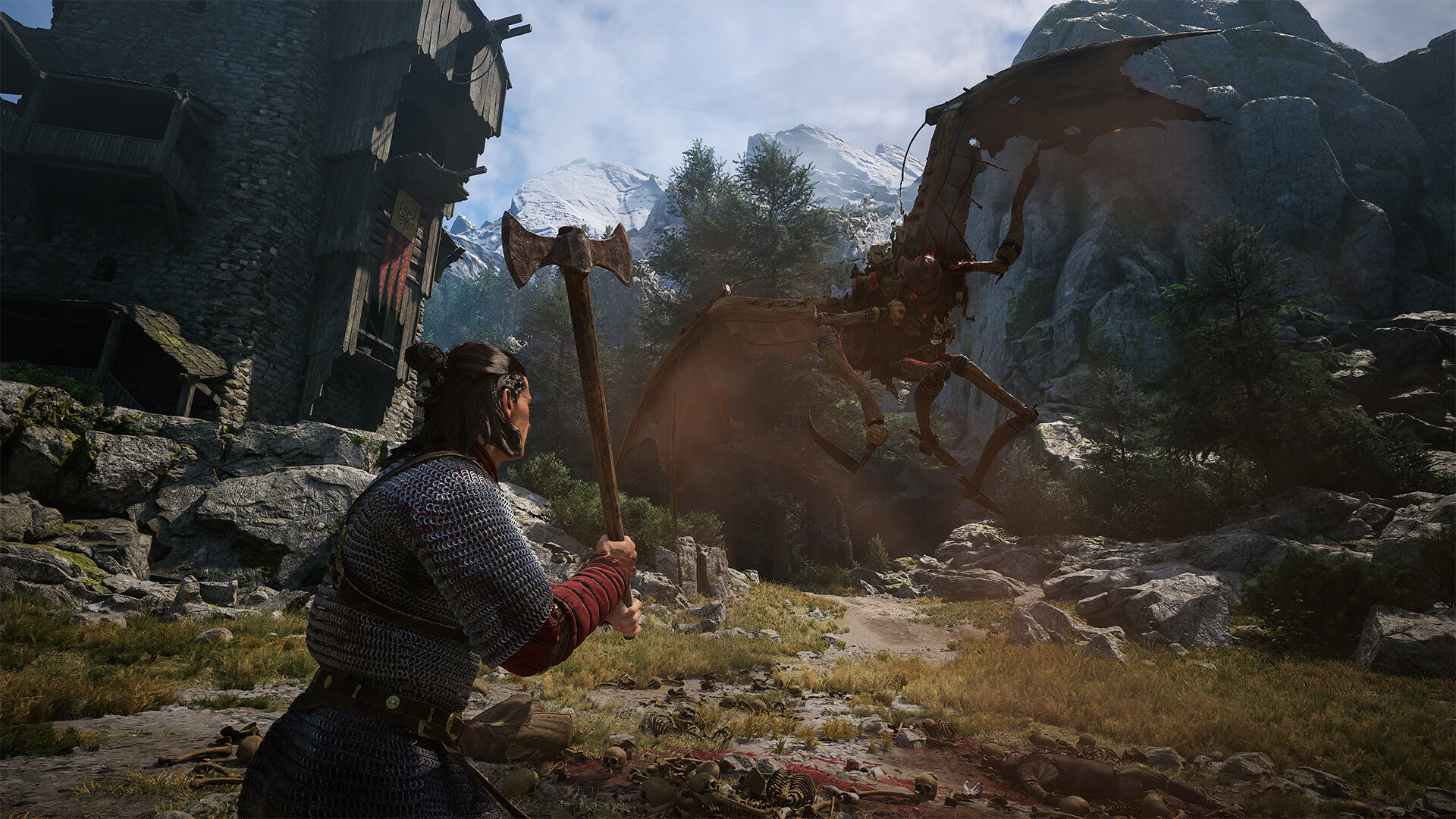 The Blood of Dawnwalker's Coen facing off against a winged monster.