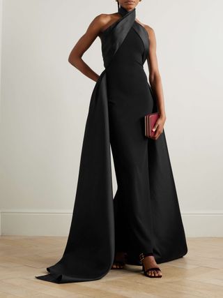 SOLACE LONDON Rumi Satin-Twill and Crepe Halterneck Gown