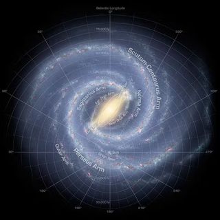 A blue spiral with a yellow oblate spheroid at its core