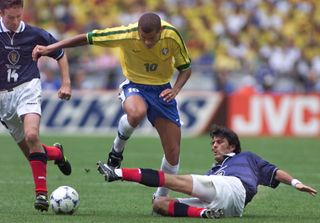 Rivaldo in action for Brazil against Scotland at the 1998 World Cup.