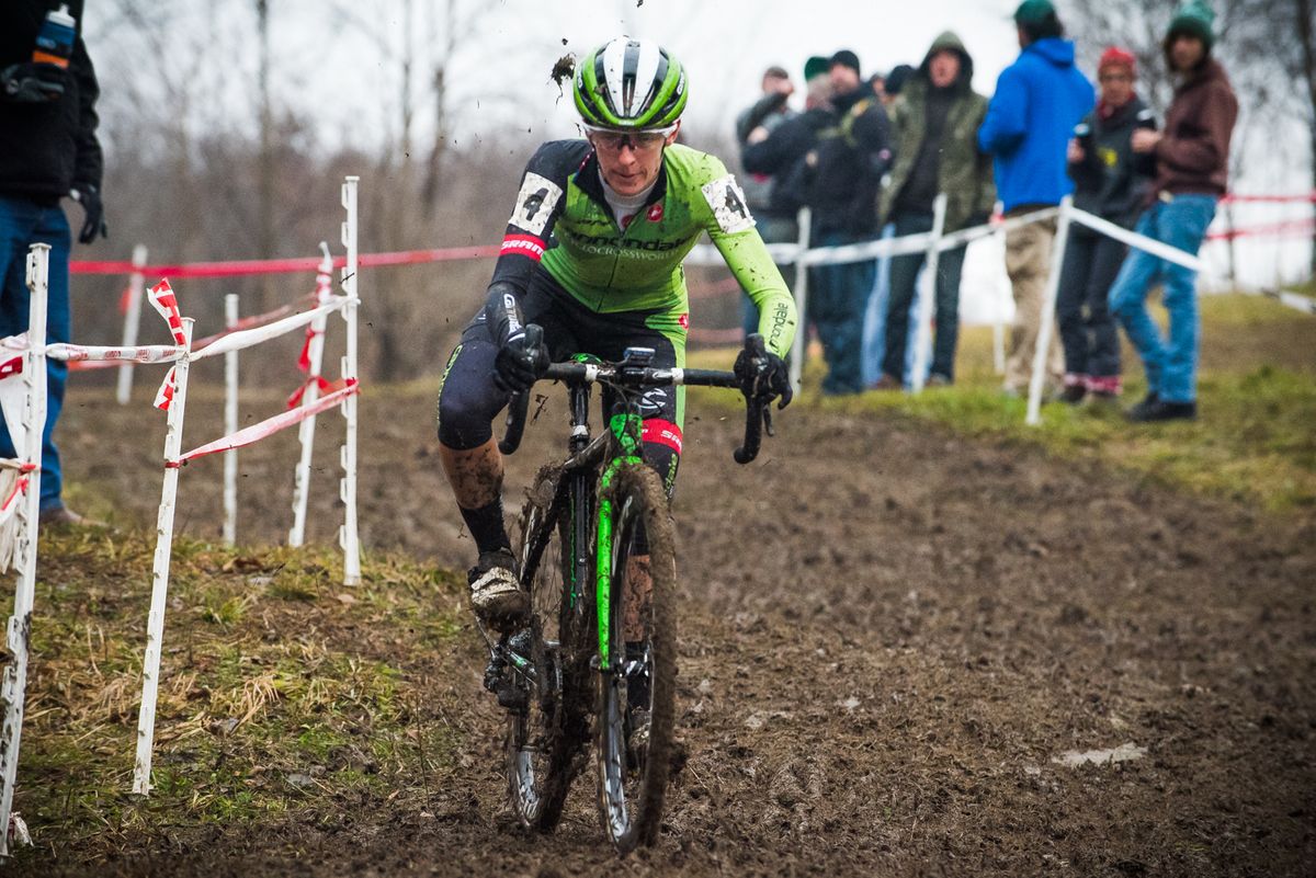 Kaitlin Antonneau (Cannondale pb Cyclocrossworld) takes on the muddy slopes of Mt. Krumpit in pursuit of the leaders