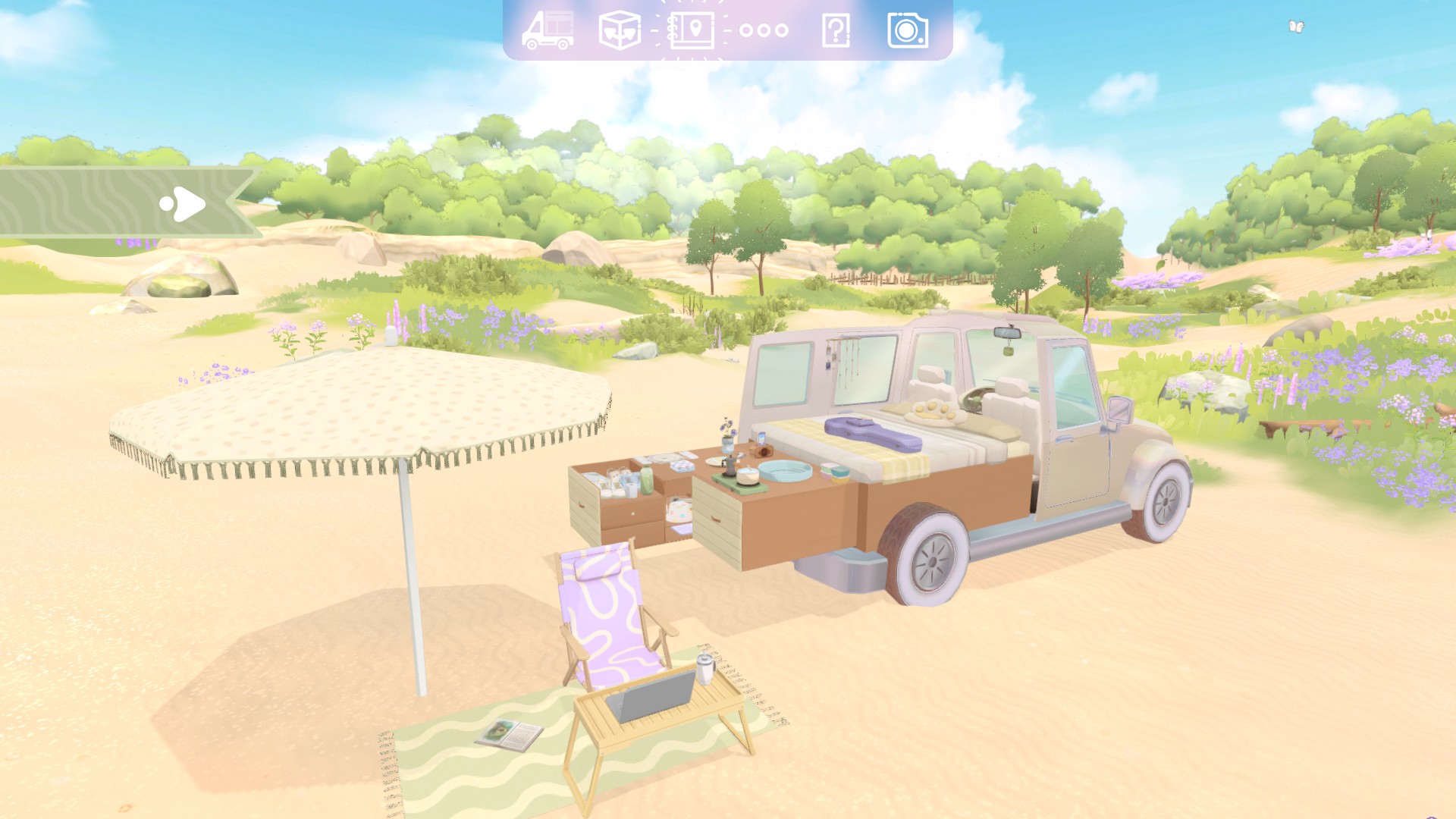 Camper Van: Make It Home screenshot of a camper van folder out on a beach with a lounge chair and an umbrella sitting nearby