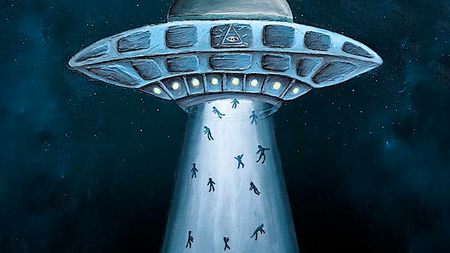 a UFO abducting humans into its spaceship