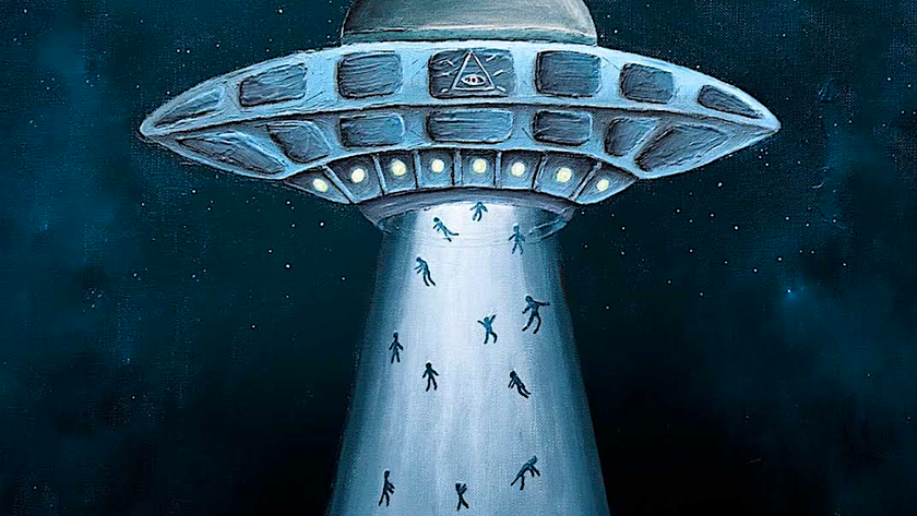 a UFO abducting humans into its spaceship