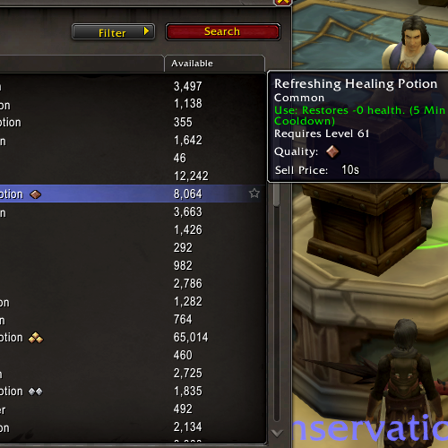 Multiple potions and food items in World of Warcraft are shown to have "restores 0 health" or "restores -0 health" in their tooltips.