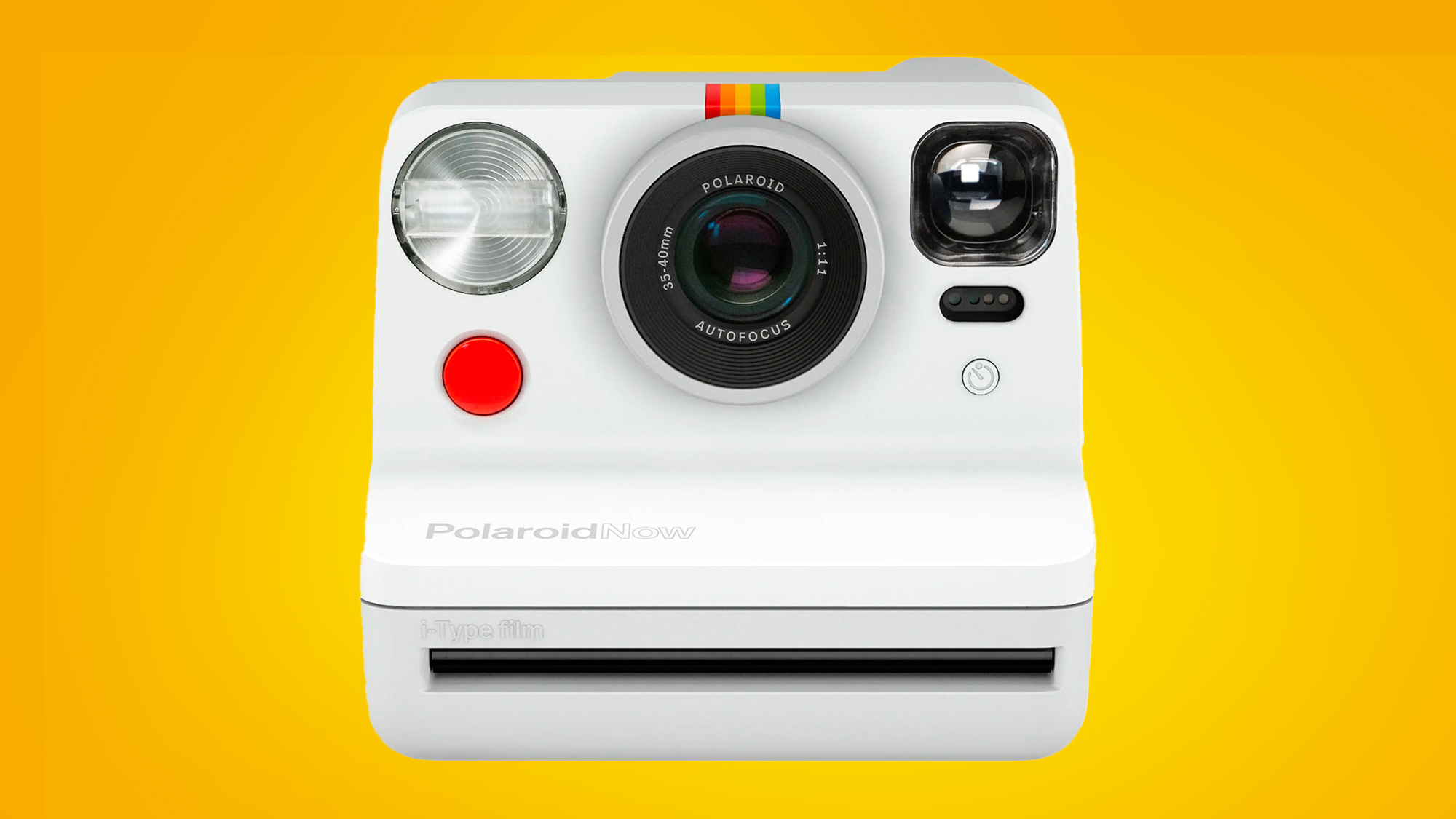 The Polaroid Now i-Type camera on an orange background