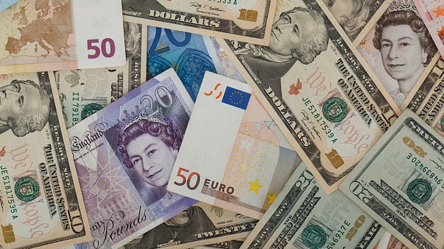 dollar euro and pound notes