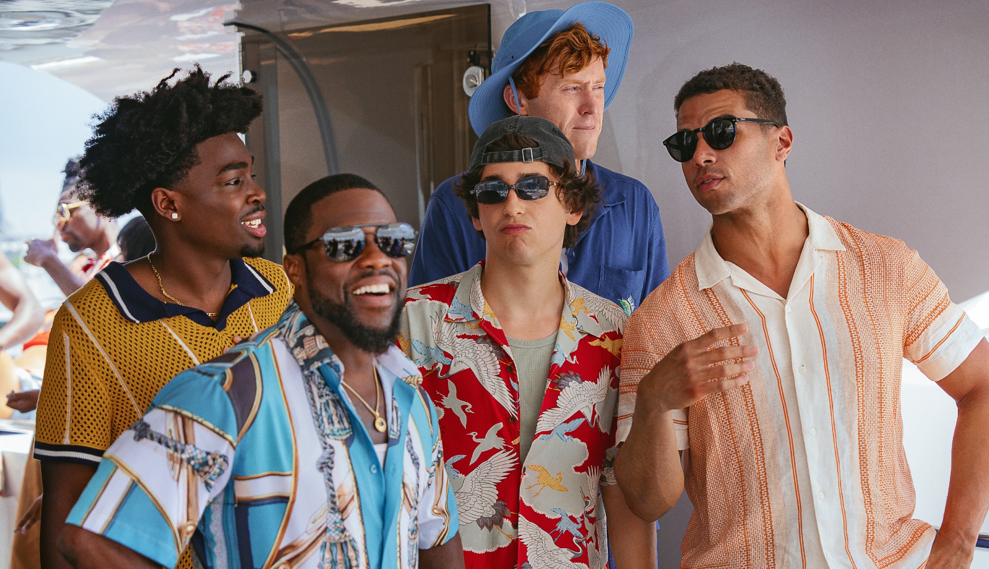(L to R) Kam Patterson as Freshman, Kevin Hart as Joe, Marcello Hernandez as Nick, Ben Marshall as Hunter and Mason Gooding as Mason in 72 Hours. Cr. Alan Markfield/Netflix