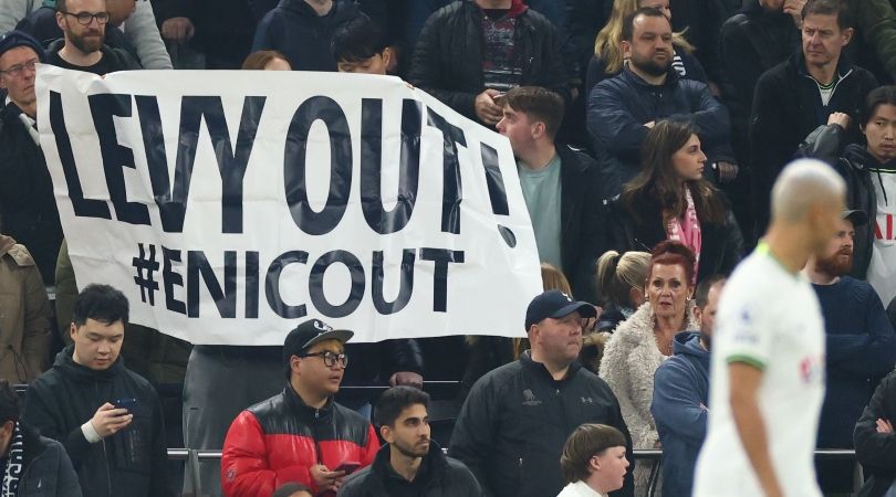 Tootenham fans with a &#039;Levy out&#039; banner during their team&#039;s Premier League game against Manchester United in April 2023.