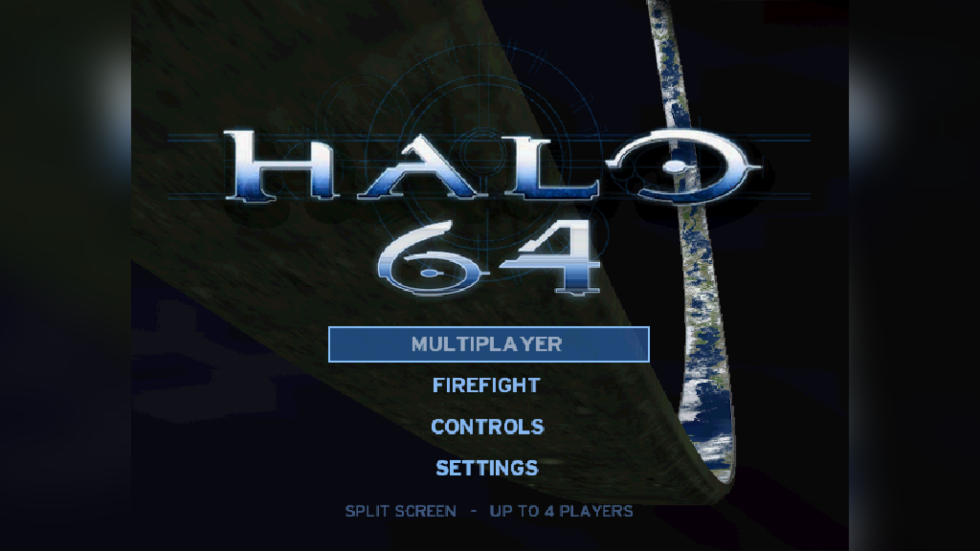 Halo-64 title screen on Nintendo 64, showing the multiplayer, Firefight, controls, and settings menu options.