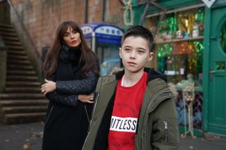 Mercedes McQueen and Bobby in Hollyoaks.