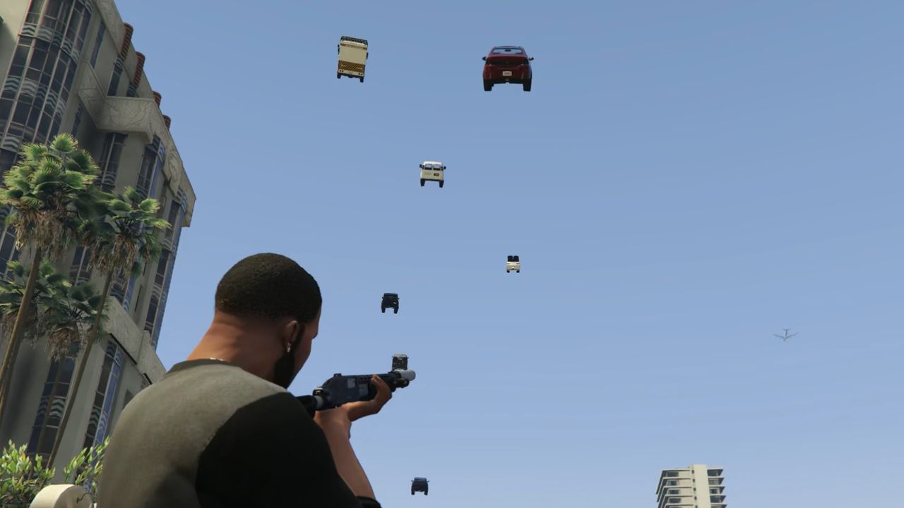 Today in GTA 5 mods: Turning Franklin into a walking car-cannon