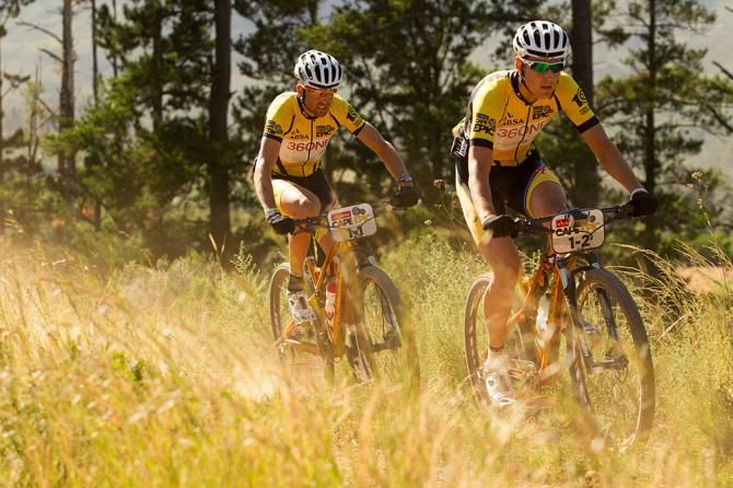 Overall winners Christoph Sauser and Jaroslav Kulhavy of Team Burry Stander-Songo on their way to finishing