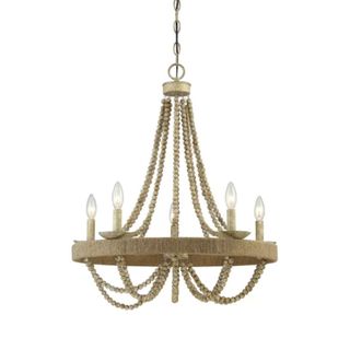 A rustic brown chandelier with four candles, and a beaded top and base