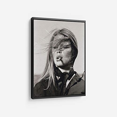 Vintage Fashion Icon Smoking Canvas Wall Art | Black &amp;amp; White Portrait Print &amp;ndash; Various Sizes (24in X 36in Modern Black Framed)